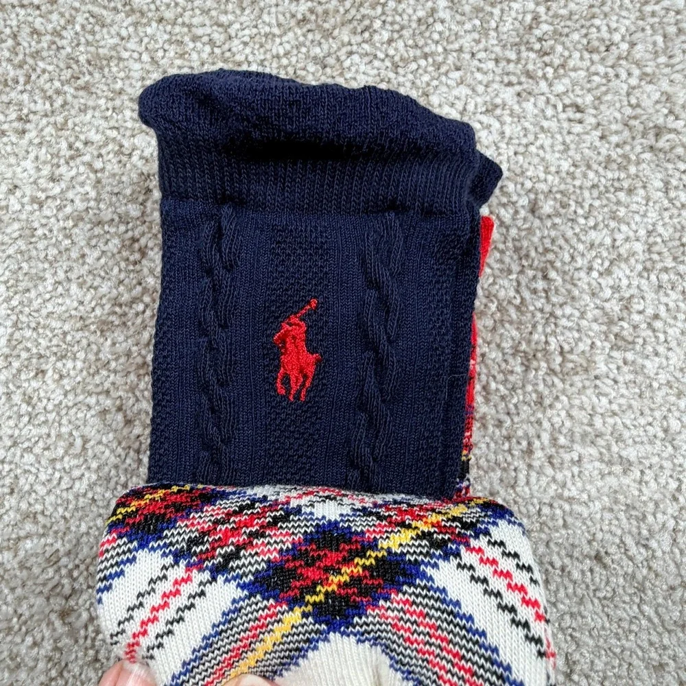 Polo Ralph Lauren Girls 3 Pack Crew Socks Plaid Navy Cable Knit Size 9-11 NEW